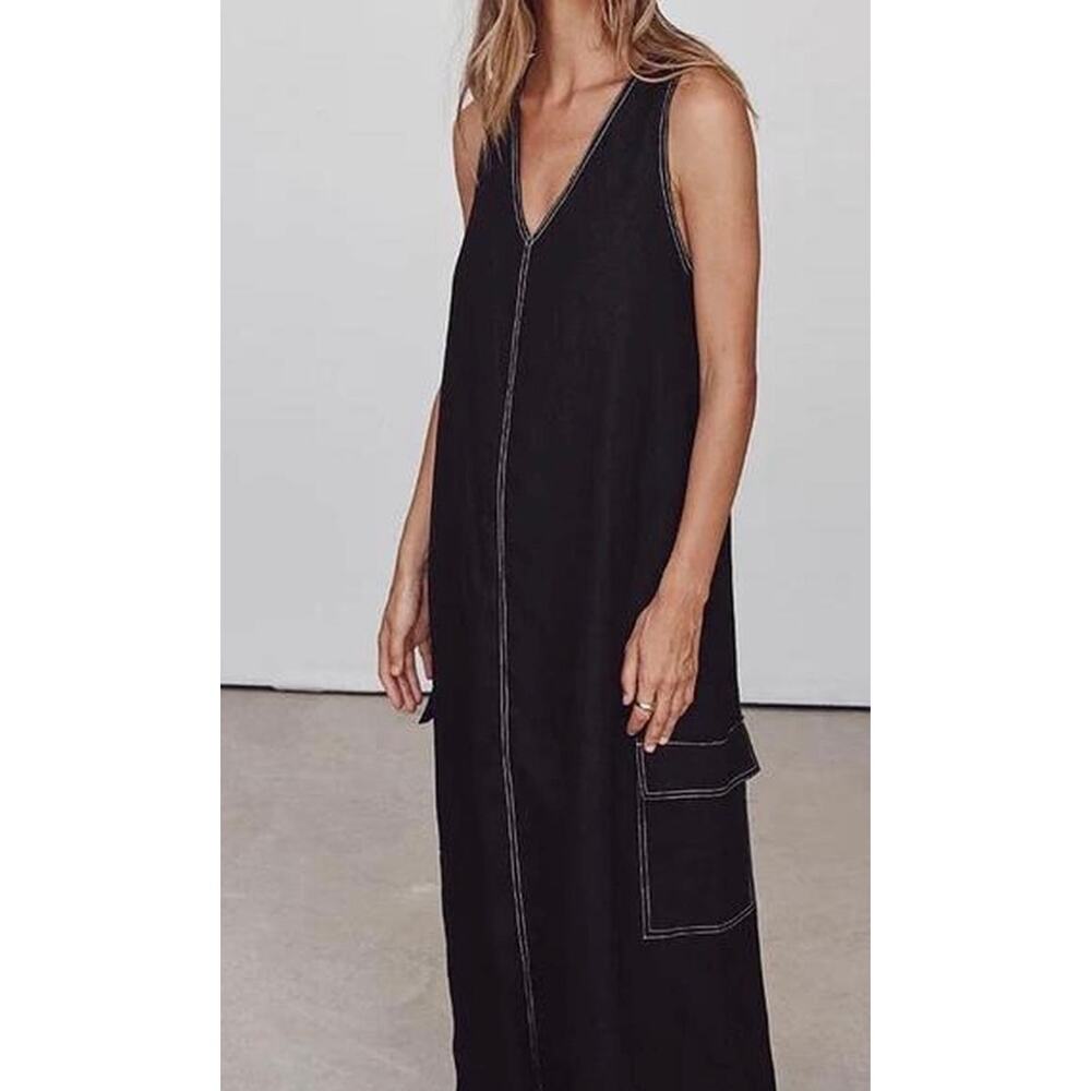 Unbranded Black 100% Linen White Stitching Sleeveless V-neck Maxi Dress 2X/3X - Picture 6 of 6